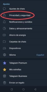 Función de Telegram numero 1. Bloquear Telegram con huella dactilar. Paso 2: Privacidad y Seguridad