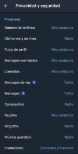Función de Telegram numero 2 Privacidad en secciones. La imagen muestra los diferentes items que pueden configurarse