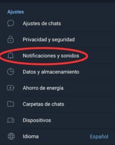 Función numero 3 de Telegram: Personaliza tus notificaciones. Paso 1 opcion Notificaciones y Sonidos