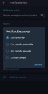 Función de TG numero 3. Personaliza tus notificaciones. Configuracion de pop-up