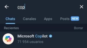 Función de Telegram numero 7 de Telegram + Copilot. Paso 2. Escribir Microsoft Copilot en el buscador