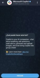 Función de Telegram numero 7 de Telegram + Copilot. Paso 3. dar clic en boton Iniciar