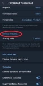 Funcion TG. Eliminar cuenta. Paso 1: seleccionar la opcion Eliminar cuenta si estoy fuera