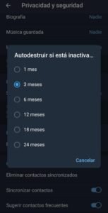 Funcion TG. Eliminar cuenta. Paso 2 Seleccionar el tiempo de inactividad para la eliminacion de la cuenta
