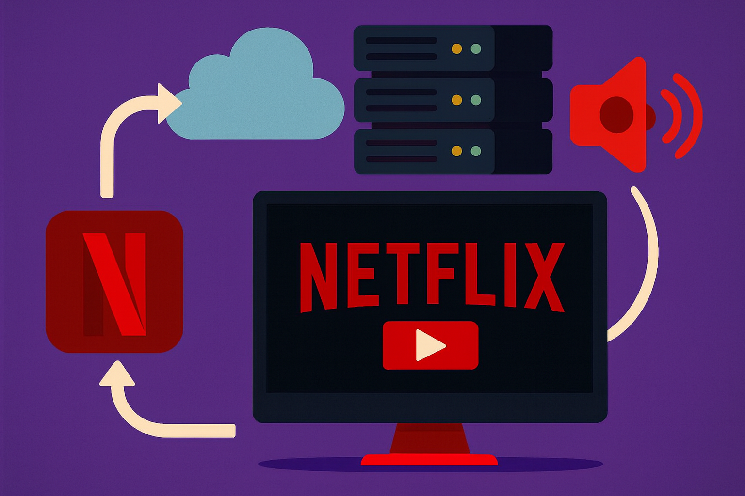 Ilustración del proceso de streaming de Netflix con nube, servidores, sonido envolvente y pantalla de reproducción.