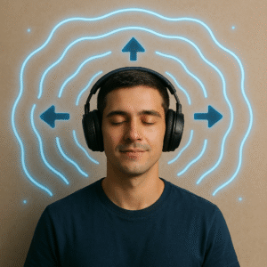 Chico con auriculares disfrutando el audio espacial